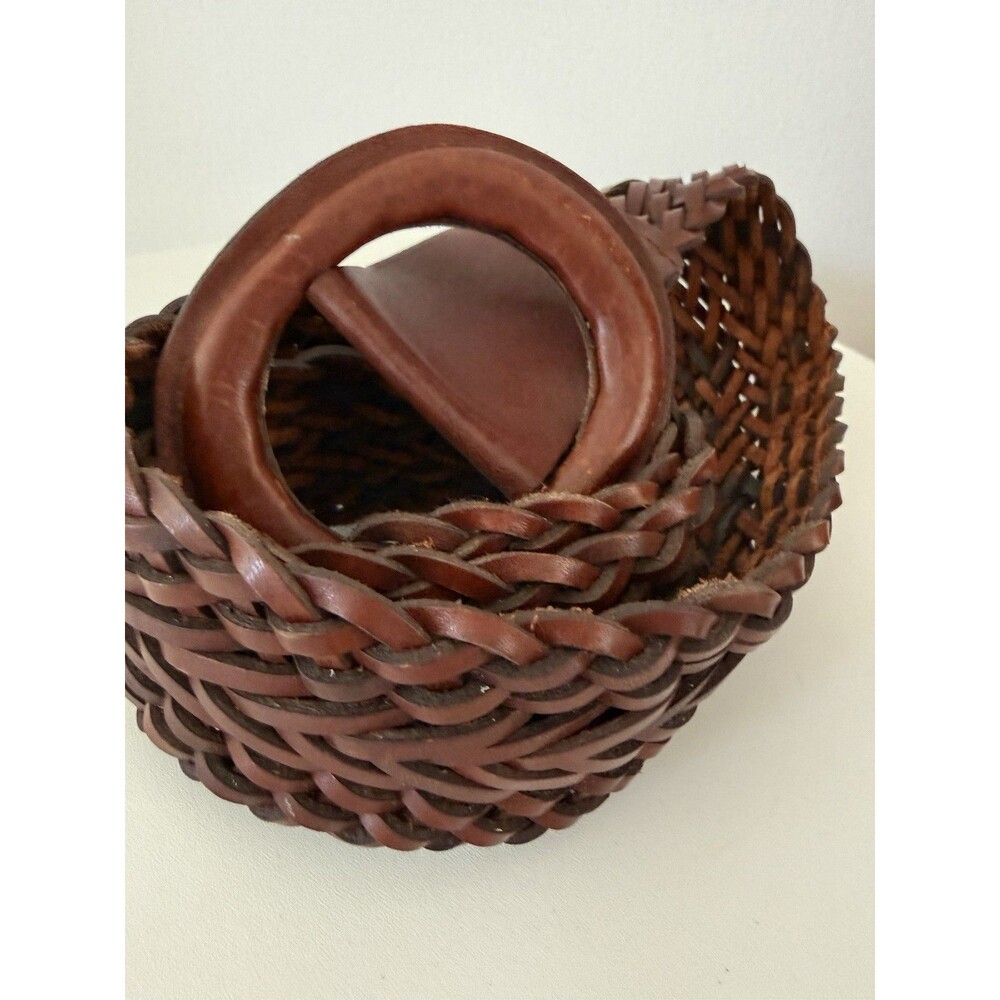 Brown Woven Leather Belt Size L Wide Braided Round Buckle Made in Uruguay Boho